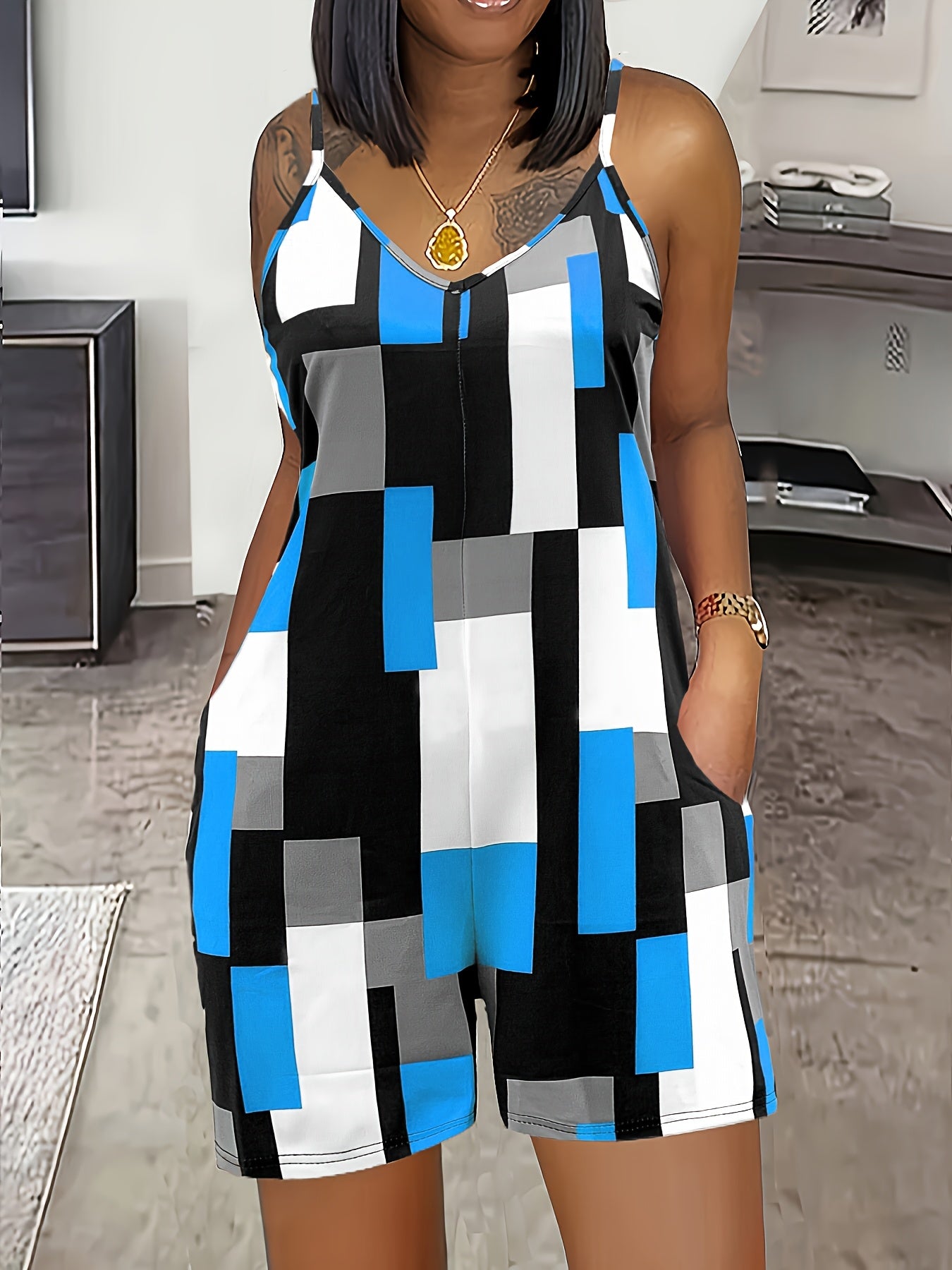 Women's Summer V-Neck Color Block Print Romper with Pockets - Stylish Sleeveless Jumpsuit in Orange, Black, White & Gray, Casual Knit Polyester Blend, Machine Washable, Stylish Leisurewear | Pocketed Outfit | Casual Elegance